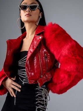 AZALEA WANG RED NOLLA FAUX FUR ARMS CROC MOTO JACKET